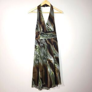 Frank Lyman Size 8 Medium Green Brown Silk Sleeveless Halter Dress